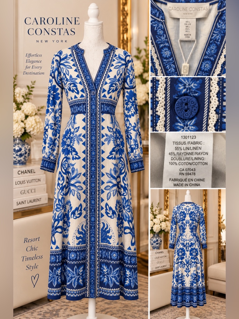 $410 Caroline Constas Blue and White Floral Maxi Dress with Balloon Sleeves